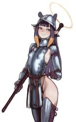 armor breastplate clothing_pull female greaves halo helmet hi_res holding_weapon hololive hololive_english looking_away ninomae_ina'nis purple_eyes purple_hair slim smile standing tentacle tentacle_hair thong wheel_of_fortune_(director) white_background