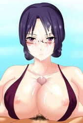 1boy blush breasts censored cum cum_on_body cum_on_breasts cum_on_glasses cum_on_upper_body facial female glasses juno_(pixiv32541104) large_breasts looking_at_viewer male_pubic_hair nipples paizuri penis pov pubic_hair purple_eyes purple_hair ridget_(suisei_no_gargantia) semi-rimless_glasses suisei_no_gargantia sweat swimsuit under-rim_glasses unseen_male_face