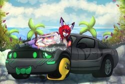 ambiguous_gender animal_genitalia anthro beach bedroom_eyes bio_mechanical bioluminescence bionics blue_sky blush blush_lines bondage bound bow_tie bow_tie_only breasts canine_sheath car chillyphillix claws clothed clothing detailed_background digital_media_(artwork) dire_car dire_machine dire_vehicle domestic_cat duo felid feline felis flustered ford ford_mustang furry genitals glowing glowing_blush glowing_eyes glowing_markings green_eyes grey_body grin headlight_eyes herm herm/ambiguous holding_leash holding_object honeymoon impound_lock intersex intersex/ambiguous laying_on_top leash light_bondage living_car living_machine living_vehicle long_ears looking_at_another looking_at_partner lying lying_on_top machine male male/ambiguous male_(lore) mammal markings mechaphilia_(artist) mostly_nude mystral_(mechaphillia) narrowed_eyes naughty_face on_side outside partially_clothed red_hair romantic romantic_couple romantic_sex sacharel seductive sheath skimpy sky small_on_top smile submissive tagme three-quarter_view toe_claws tongue tongue_out translucent translucent_clothing unknown_species vehicle wheel wheel_clamp