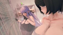 1boy 2girls ass big_ass big_breasts black_hair black_towel blue_eyes breasts bubble_ass bubble_butt danganronpa danganronpa:_trigger_happy_havoc danganronpa_(series) danganronpa_1 danganronpa_killer_killer fenrirsjaw ffm_threesome gloves gloves_on gloves_only imminent_sex imminent_threesome kirigiri_kyouko lavender_eyes lavender_hair leifruby2 light-skinned_female light-skinned_male light_skin long_hair massive_ass mukuro_ikusaba pervert_female pervert_smile red_eyes short_hair shower silence_gesture smile smiling surprise taking_a_bath takumi_hijirihara threesome towel towel_only trio wanting_sex white_towel