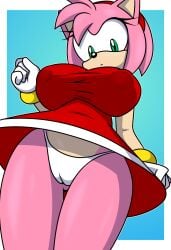 2024 amy_rose anthro ass big_breasts breasts butt_from_the_front camel_toe clothed clothing eulipotyphlan female furry_female green_eyes hedgehog hedgehog_girl hi_res huge_breasts looking_at_viewer looking_down low-angle_view mammal mobian mobian_(species) nipple_outline panties panty_shot sega solo sonic_(series) sonic_the_hedgehog_(series) sonicguru thong thong_panties tight_clothing twitter underwear upskirt white_clothing white_panties white_thong white_thong_panties white_underwear