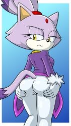 anthro ass blaze_the_cat bottomwear breasts butt_grab cel_shading clothing digital_media_(artwork) domestic_cat eyelashes felid feline felis female forehead_gem frown fur gem hair half-closed_eyes hand_on_butt hand_on_own_butt hi_res holding_butt looking_back mammal narrowed_eyes on_model ponytail purple_body purple_fur rear_view sega shaded solo sonic_(series) sonic_the_hedgehog_(series) sonicguru tail tight_bottomwear tight_clothing yellow_eyes