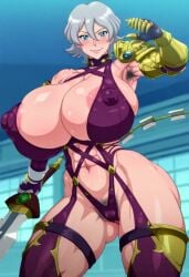 1girls ai_generated anime_screencap anime_style blue_eyes civitai digimon genderswap_(mtf) gigantic_breasts grey_hair hairy_armpits isabella_valentine isabella_valentine_(cosplay) kiyoshirou_higashimitarai muscular_female pubic_hair puffy_nipples smile soul_calibur