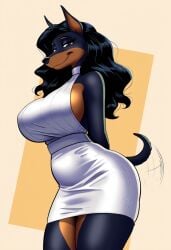 ai_generated anthro black_hair brown_eyes cleavage doberman dobermann dress eyelashes eyeshadow female_focus furry furry_female furry_focus furry_only giant_breasts long_hair looking_at_viewer mature_female seductive sfw side_boob smile tail_wag tail_wagging wavy_hair