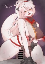 absurd_res anthro big_breasts breasts canid canine censored clothed clothing denyfake digital_media_(artwork) duo female feral fox fur genitals hair hi_res kemono kitsune-chan_(kim_3022) long_hair looking_at_viewer male male/female male_penetrating mammal nipples open_mouth penetration penile penis pussy red_eyes sex simple_background tail vaginal_penetration white_body white_fur white_hair