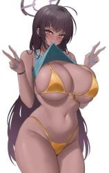 1girls bikini black_hair blue_archive breasts dark-skinned_female dark_skin female hi_res hips huge_breasts karin_(blue_archive) kuavera long_hair naughty_face thick_thighs thighs wide_hips yellow_eyes