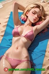 1girls ahq_hentai ai_generated beach bikini blonde_hair blush breasts cute gwen_stacy gwen_stacy_(spider-verse) medium_breasts patreon perfect_body sleeping spider-man_(series) spider-verse stable_diffusion wet