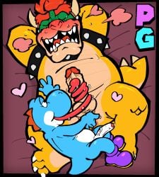 2boys anthro anthro_on_anthro anus arms_behind_head balls big_penis blue_skin blue_yoshi blush bowser claws closed_eyes collar dinosaur duo erection fingering fingering_anus furry furry_male furry_only gay gay_sex genitals heart horns king koopa large_penis larger_male licking_penis lying_on_back lying_on_bed male male/male mario_(series) naughtybassard nintendo open_mouth penis red_hair reptile scalie sex sharp_teeth size_difference smaller_male spiked_collar sweat sweating tail tongue tongue_out tongue_wrapped_around_penis torquewintress yoshi