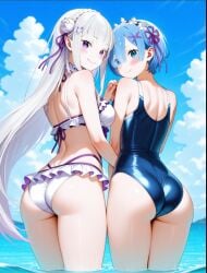 2girls ai_generated ass_focus blue_eyes blue_hair blush emilia_(re:zero) long_hair looking_back multiple_girls one-piece_swimsuit purple_eyes re:zero_kara_hajimeru_isekai_seikatsu rem_(re:zero) short_hair swimsuit white_hair