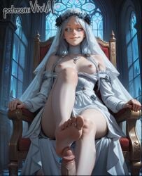 1boy 1girls ai_generated blue_eyes dress feet female femdom foot_fetish foot_focus foot_on_penis footjob from_below male penis pov small_breasts smirk smug soles tagme throne toes veiny_penis viewed_from_below viviai white_dress white_hair