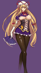 adapted_costume blonde_hair bow breast_slip breasts corset elbow_gloves evan_yang fan female folding_fan gloves hairbow hat highres long_hair looking_at_viewer nipples one_breast_out pantyhose solo torn_clothes touhou very_long_hair yukari_yakumo