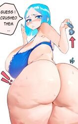 accident ass_focus blue_eyes blue_hair broken_glasses cellulite crushed forehead from_behind gigantic_ass glasses holding_object hyper_ass looking_back medium_hair no_bra original original_character sad thick_ass thick_thighs topless wide_hips