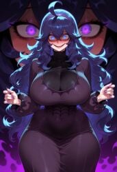 ahoge ai_generated alternate_breast_size balecxi big_breasts black_dress covered_breasts female hair_between_eyes hex_maniac hex_maniac_(pokemon) impossible_clothes impossible_clothing large_breasts long_hair looking_at_viewer pokemon pokemon_xy purple_eyes purple_eyes_female purple_hair purple_hairband purple_nails reupload seductive_eyes seductive_look smile solo thick_thighs voluptuous voluptuous_female