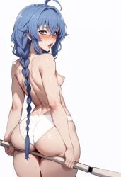 1girls ai_assisted ass back_view big_ass blue_eyes blue_hair blush hikkaria huge_ass mushoku_tensei panties puffy_nipples roxy_migurdia shiny_skin small_breasts solo solo_female sweat white_background white_panties