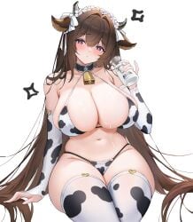 1girls absurdres animal_ears animal_print azur_lane bell bikini bottle breasts brown_hair cleavage cow_ears cow_girl cow_horns cow_print cow_print_bikini cow_print_sleeves cow_print_thighhighs cowbell cowboy_shot expressionless female female_only hand_up highres holding holding_bottle horns huge_breasts kashino_(azur_lane) kashino_(fresh_and_sweet)_(azur_lane) light-skinned_female light_skin looking_at_viewer milk_bottle official_alternate_costume print_bikini print_thighhighs purple_eyes sakura_empire_(azur_lane) simple_background solo swimsuit thighhighs white_background white_headdress yuuri_vv