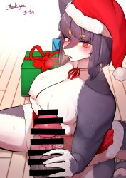 absurd_res breasts canid canine christmas christmas_clothing christmas_headwear clothed clothing costume denyfake digital_media_(artwork) female fur genitals hair hat headgear headwear hi_res holidays kemono kuroshiba-chan_(kim_3022) male male/female mammal nipples penis santa_costume santa_hat solo