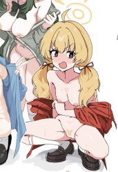 ahoge blonde_hair blue_archive blush bottomless breasts brown_eyes female female_pubic_hair full-face_blush hair_between_eyes halo highres jacket long_hair low_twintails navel pubic_hair pussy red_jacket simple_background small_breasts spread_legs squatting twintails uni_gyoza white_background yellow_halo yoshimi_(band)_(blue_archive) yoshimi_(blue_archive)