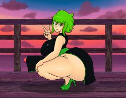 1dickgirl 1futa 1futanari 20xxtrilogy 2d 2d_(artwork) 2d_artwork alternate_version alternate_version_at_source alternate_version_available ass beach_background big_ass big_breasts big_butt breast butt curvy curvy_ass curvy_body curvy_figure curvy_futa deck dickgirl_focus dickgirl_only dress futa_focus futa_only green_eyes green_hair gumi heels looking_at_viewer megpoid megpoid_gumi peace_sign smug_grin smug_smile solo_dickgirl solo_futa sunset vocaloid