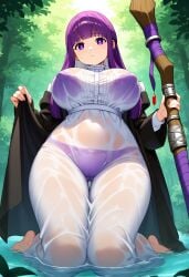 1girls ai_generated ass_visible_through_thighs big_ass big_breasts big_butt bubble_ass bubble_butt dripping expressionless female female_only fern_(sousou_no_frieren) forest forest_background from_below huge_breasts kneeling large_breasts looking_at_viewer massive_breasts narrow_waist pond posing posing_for_the_viewer see-through see-through_clothing see-through_dress self_upload solo solo_female sousou_no_frieren sweatdrop sweating sweaty sweaty_body sweaty_breasts sweaty_butt thick_nipples thick_thighs wet wet_clothes wet_dress wide_hips yeetyboi5000