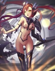 brown_eyes brown_hair dungeon_and_fighter dungeon_fighter_online female hc highres long_hair nipples pointy_ears pussy solo uncensored weapon