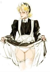 androgynous blonde_hair crossdressing dio_brando feminine_male jojo's_bizarre_adventure maid maid_apron maid_headdress maid_outfit maid_uniform pale_skin phantom_blood solo