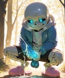 ai_generated balls blue_eyes clothed cum ejaculation glowing glowing_eyes glowing_penis hoodie kneeling male masturbating masturbation monster penis sans skeleton slippers smile solo stable_diffusion sweating testicles trueliamay undertale