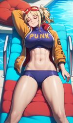 abs ai_generated blonde_female blonde_hair clothed goggles goggles_on_head half_naked headphones jacket joyboy56 lazy midriff navel one_piece pool sleeping swimsuit vegapunk_york