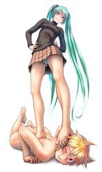 1boy 1girls barefoot blonde_hair blue_eyes blush clothed_female_nude_male feet female femboy femdom green_hair hatsune_miku highres kagamine_len long_hair lying male malesub nail_polish naughty_face nude open_mouth panties ribbed_sweater stomping straight striped striped_panties sweater tied_hair trample turtleneck twintails underwear very_long_hair vocaloid white_background wokada