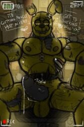 absurd_res bodily_fluids camera_view cum cum_drip dripping five_nights_at_freddy's five_nights_at_freddy's_3 fur genital_fluids genitals hi_res lagomorph leporid male mammal penis rabbit recording scottgames solo springtrap_(fnaf) tagme text the_mist_walker yellow_body yellow_fur