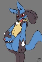 absurd_res anthro balls claws colored dangermons erection foreskin generation_4_pokemon genitals glans grey_background hi_res lucario male male_only masturbation nintendo penis pokemon pokemon_(species) pubes red_eyes seductive simple_background smile solo tail tongue tongue_out vein
