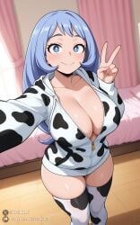 1girls 2025 ai_generated blue_eyes blue_hair breasts cleavage cow_print cow_print_thighhighs detailed female female_focus female_only full_body hi_res illumaru large_breasts long_hair my_hero_academia nejire_hado patreon_username peace_sign selfie solo solo_female stable_diffusion standing thick_thighs thighs very_long_hair wide_hips