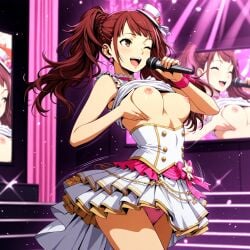 ai_generated flashing_breasts idol_clothes kujikawa_rise medium_breasts nipples on_stage persona_4 screen singing