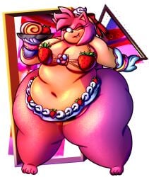 amy_rose belly_overhang big_belly big_breasts bikini bow chubby_face dessert fat flabby_arms flabby_legs food_themed_clothes green_eyes headband hedgehog mrnobodycares nobody-64 obese obese_anthro obese_female overweight overweight_anthro overweight_female pink_fur pink_hair sonic_the_hedgehog_(series) tan_arms tan_belly tan_breasts thick_thighs white_gloves wide_hips wink