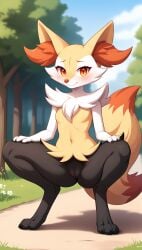 1girls 2025 ai_generated anthro black_body blushing braixen curvy_figure digitigrade female female_only generation_6_pokemon hands_on_thighs hi_res inner_ear_fluff innie_pussy looking_at_viewer nintendo nude nude_female orange_eyes orange_fur outdoors pokemon pokemon_(species) pussy smile spread_legs squatting white_fur yellow_fur