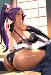 ai_generated anime big_ass big_breasts bleach gold_eyes huge_ass looking_at_viewer looking_back orionxesy purple_hair shihouin_yoruichi shiny_skin sunlight sunlight_rays sweat tanlines thick_thighs voluptuous