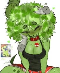 1female 1girl :> :) adorable anon anthro big_breasts big_thighs clothed clothing collar creeper creeper_girl cute cute_face earth eyes_closed girl green_hair green_skin hand_on_head huge_breasts huge_thighs minecraft mojang nipples short_hair shorts white_background