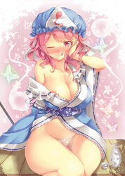 :q areola_slip areolae bare_shoulders blush breasts butterfly collarbone female hand_on_own_head hat highres hitodama japanese_clothes large_breasts obi off_shoulder pink_eyes pink_hair sakazuki sash short_hair smile snowcanvas solo tongue touhou triangular_headpiece wakamezake wink yuyuko_saigyouji