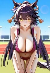 ai_generated animal_ears breasts female horse_girl long_hair narita_brian_(umamusume) ponytail shimenawa sports_bra sweat umamusume umamusume_pretty_derby workout_clothes yellow_eyes