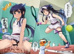 1boy absurdres ball bar_censor black_hair black_panties blue_eyes blush breasts censored closed_eyes clothing_aside collared_shirt covered_nipples cowgirl_position cowgirl_position cum cum_in_pussy female frilled_skirt frills hat highres holding holding_racket idolmaster idolmaster_million_live! idolmaster_million_live!_theater_days kim_da-yoon mogami_shizuka motion_lines open_mouth p-head_producer panties panties_aside ponytail pov pov_crotch producer_(idolmaster) racket sex sex_toy shirt skirt sleeveless speech_bubble sportswear straddling straight tennis tennis_ball tennis_court tennis_net tennis_racket tennis_uniform thought_bubble translation_request underwear vibrator white_hat white_shirt