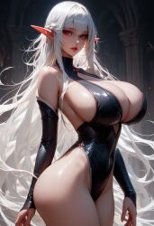 elf female large_breasts latex white_hair