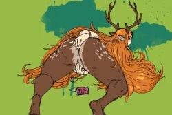 3:2 anal anal_fingering antlers anus aphrodisiac ass ass_up beverage blush bodily_fluids breath brown_body brown_fur dripping_pussy faun female fingering freya_agalith fur genital_fluids genitals hair hi_res horn humanoid light_body light_skin long_hair looking_at_viewer looking_back mammal on_ground orange_hair presenting presenting_hindquarters presenting_pussy pussy satyr simple_background solo vaginal_fluids vaginal_penetration zerospanda