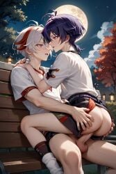 2boys ai_generated anal bad_hands femboy fucking gay gay_sex genshin_impact girly human_male kaedehara_kazuha light-skinned_male light_skin male male/male male_focus male_only night night_sky outdoors public_sex scaramouche_(genshin_impact) wanderer_(genshin_impact) yaoi