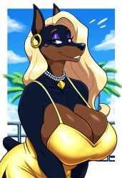 ai_generated anthro blonde_hair blue_eyes breasts_bigger_than_head cleavage cleavage_overflow doberman dobermann dress earring eyelashes eyeshadow female_focus furry furry_female furry_focus furry_only giant_breasts long_hair mature_female pearl_neckalce seductive sfw smile