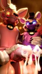 3d_(artwork) absurd_res animatronic anthro balls bear blender_(artwork) blue_eyes bodily_fluids bow_tie canid canine claws clothing cum cum_drip cum_on_penis digital_media_(artwork) dripping duo ejaculation eyebrows finger_on_penis five_nights_at_freddy's fox funtime_foxy_(fnaf) funtime_freddy_(fnafsl) genital_fluids genitals glowing glowing_eyes hat headgear headwear hi_res humanoid_genitalia humanoid_penis jizzyfox low-angle_view machine male mammal penis raised_eyebrow robot robot_anthro scottgames sharp_teeth sister_location smile smiling_at_viewer smug_grin steamy_penis teeth top_hat watermark yellow_eyes