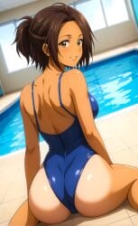 1girls ai_assisted ai_generated anime_style ass babe back_view blue_swimsuit brown_hair busty_female curvy cute female_only high_school high_school_student hikari_hazakura_(nande_koko_ni_sensei_ga!?) looking_at_viewer nande_koko_ni_sensei_ga!? poolside practice round_ass seductive sitting_on_floor slice_of_life smile spread_legs swimsuit tan_body tanline toongenai