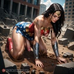 ai_generated dc dc_comics dirt exposed_breasts futa_sans_pussy futanari intersex naikedart precum skirt solo stable_diffusion torn_clothes wonder_woman