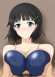 1boy 1girls alternate_breast_size animated black_hair blush breasts censored cleavage covered_nipples engulfing_paizuri female hair_ornament hairclip huge_breasts juno_(pixiv32541104) kirigaya_suguha large_breasts male male_pubic_hair paizuri paizuri_lead_by_male paizuri_under_clothes penis pov pubic_hair school_swimsuit short_hair straddling straddling_paizuri straight swimsuit sword_art_online sword_art_online:_fairy_dance tip_peeking