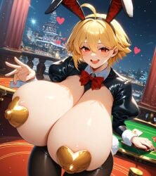 ahoge ai_generated arcueid_brunestud big_breasts blonde_hair breast_focus breasts_bigger_than_head bunny_ears bunny_tail bunnysuit curvy enormous_breasts hips huge_breasts hyper_breasts indoors large_breasts melty_blood nipple_bulge nipples plump red_eyes reverse_bunnysuit short_hair thick_thighs tsukihime type-moon wide_hips