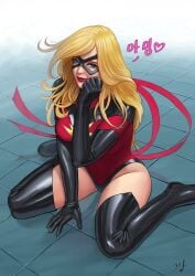 artist_name black_gloves black_thighhighs blonde_hair blue_eyes bodysuit boots breasts captain_marvel carol_danvers clothing domino_mask elbow_gloves female female female_only footwear gloves high_heel_boots high_heels large_breasts latex legwear leotard lips long_hair looking_at_viewer marvel marvel_comics mask mezzo_(orbanga21) ms._marvel_(carol_danvers) on_floor shiny_clothes sitting smile solo superhero superheroine thigh_boots thighhighs thighs wariza