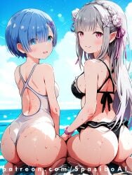 2girls ai_generated beach blue_hair emilia_(re:zero) rem_(re:zero) spasibo15 swimsuit white_hair